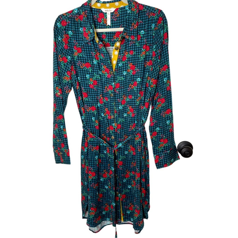 Matilda Jane Fa La‎ La Blue Black Red Floral Check Shirtdress in Size Small